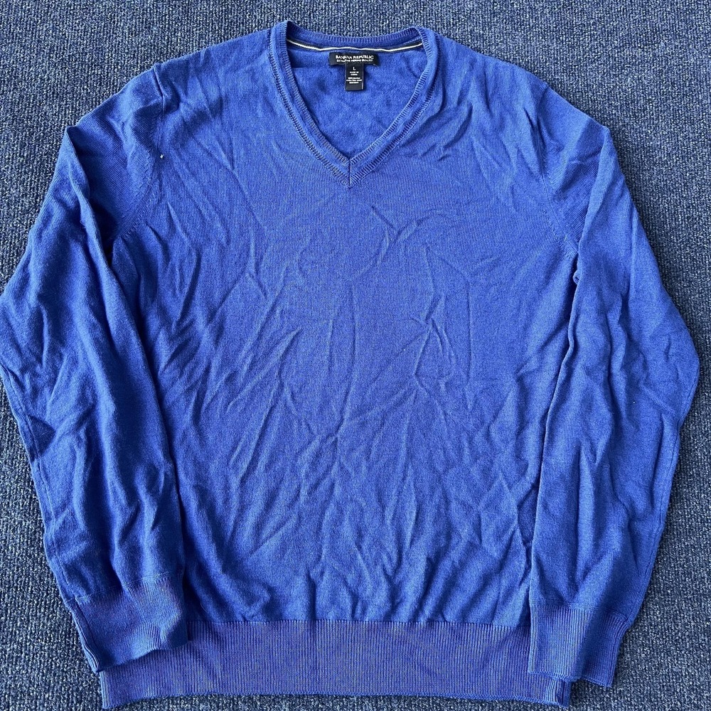 Banana Republic Sweater Mens Large Blue Extrafine Merino Wool V Neck Slim Fit